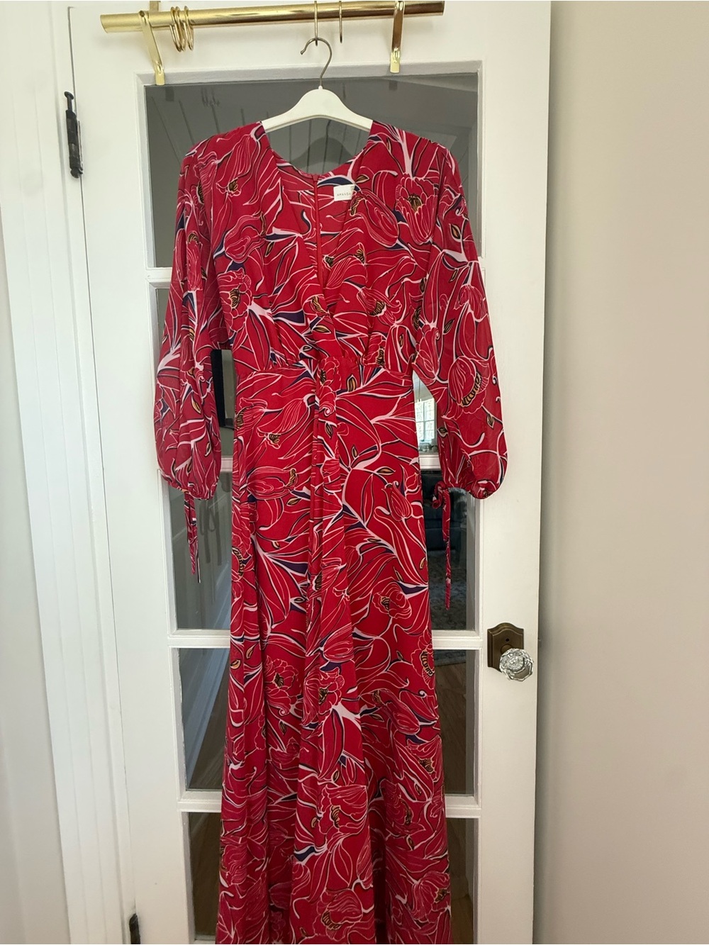 Amanda Uprichard Red Floral Tie-Sleeve Maxi Dress
